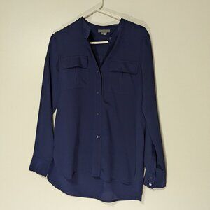 Vince 100% Silk Button Up Shirt with Front Pockets Navy Blue Size 4
